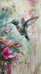 Abstract painting of a hummingbird with flowers