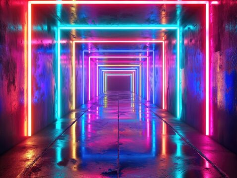 Image with glowing neon lines that form a tunnel structure reminiscent of an LED arcade or stage. The rays reflect on the smooth floor and illuminate the tunnel. The feeling of virtual reality. AI