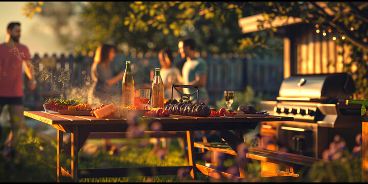 A image of a family barbecue gathering in the backyard, with a grill, picnic table, and happy faces