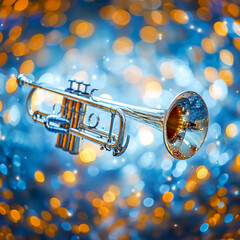 Gleaming brass trumpet floats in focus against bokeh of twinkling blue lights, embodying soulful...
