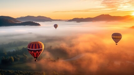 Hot air balloons flying over sea of mist awakening in a beautiful hills at sunrise, AI-generated - obrazy, fototapety, plakaty