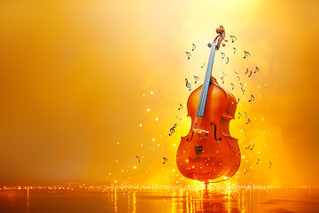 Golden cello bursts with light and music notes on glowing background, symbolizing vibrant...
