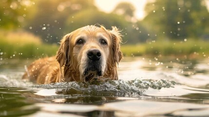 Serene Swim: A Golden Retriever's Sunset Adventure in Nature - Generative AI