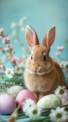 Easter bunny with decorated eggs and flowers