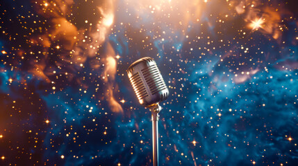 Music backdrop with vintage microphone against backdrop of cosmic of stars and nebulae, symbolizing the powerful impact of voice and music that transcends space and time