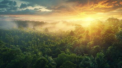 A breathtaking panorama captures the beauty of a forest at sunrise, where the warm light bathes the landscape, creating a serene and enchanting scene in nature