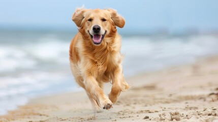 Joyful Sprint Along the Shore: Golden Retriever Embraces Beachside Fun - Generative AI
