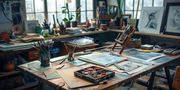 A image of a creative workspace with a desk cluttered with art supplies, sketches, and works in progress, inspiring productivity and imagination