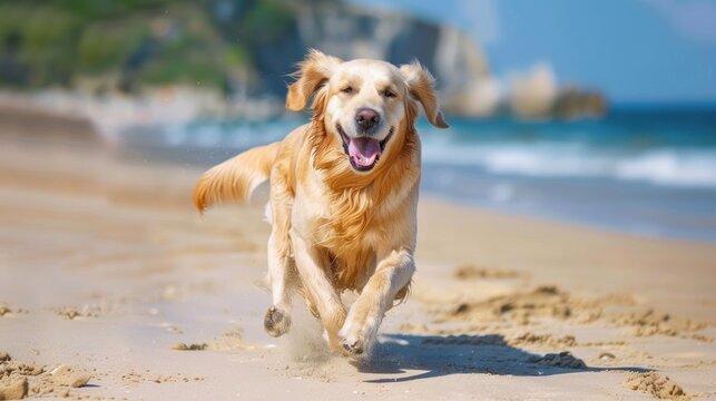 Joyful Sprint Along the Shore: Golden Retriever Embraces Beachside Fun - Generative AI