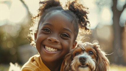 Cute black child smiling with cute dog in the park on spring background - obrazy, fototapety, plakaty