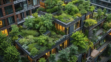 Green rooftop gardens in metropolitan areas, wide angle view showcasing sustainable urban development.