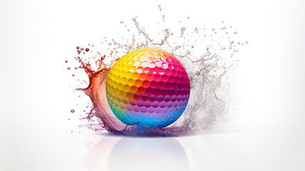A golf ball with colorful splash on white background