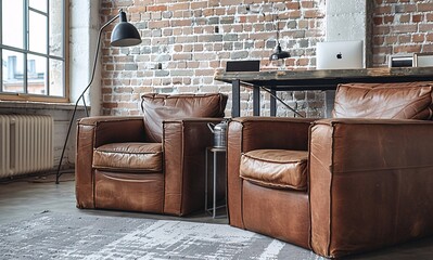 Leather Sofa with Brick Wall and Modern Decor Generative AI