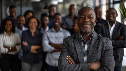 Successful African American CEO leading diverse team in modern office, confident businessman with folded hands overseeing joyful professional group