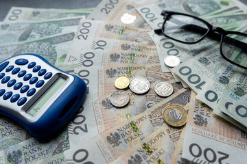 pln polish zloty money with calculator with glasses saving financial concept