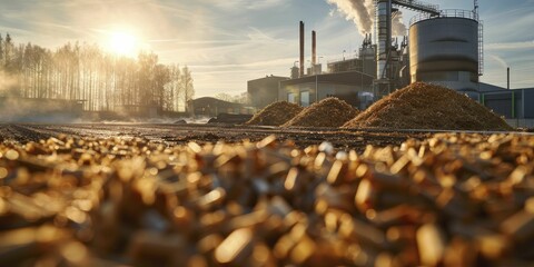 Capturing the essence of sustainability, a wide shot showcases the biomass energy production facility with raw materials in the foreground.