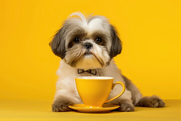 A lovable Shih Tzu, against a bright yellow backdrop, relishing a cup of tea with a content...