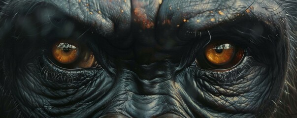 Close-up of an orangutan's face with detailed eyes - obrazy, fototapety, plakaty