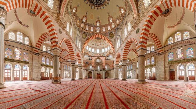 EDIRNE, TURKEY - 07,16,2011: Selimiye Mosque interior, panoramic view in Edirne, Turkey. Ottoman imperial mosque was designed by Mimar Sinan 