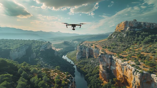 Capturing a drone in flight over a breathtaking landscape, revealing the vast scenery below in a pulled-back view.