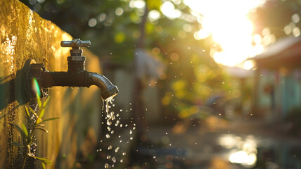water dripping from a tap in village - obrazy, fototapety, plakaty