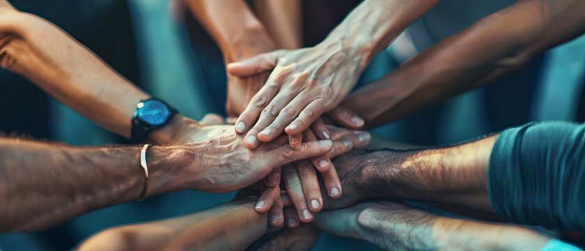 Diverse team uniting for success: collaborative hands-on approach in a business startup environment