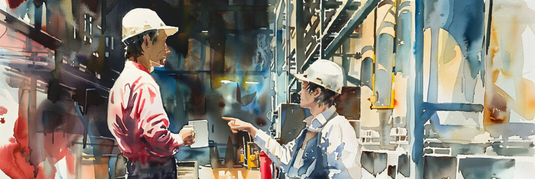 a watercolor painting of a meeting between a factory worker and service engineer in a indoor moderne factory setting