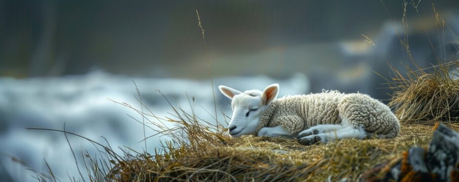 Lamb resting on a grassy field with snowy background