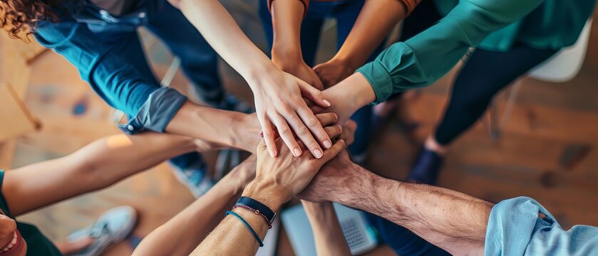 Diverse team uniting for success: collaborative hands-on approach in a business startup environment