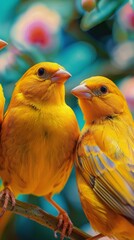 Two yellow canaries perched on a branch