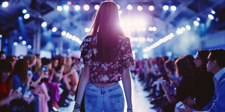 A image of a fashion runway show with models strutting down the catwalk in stylish outfits, surrounded by photographers and spectators