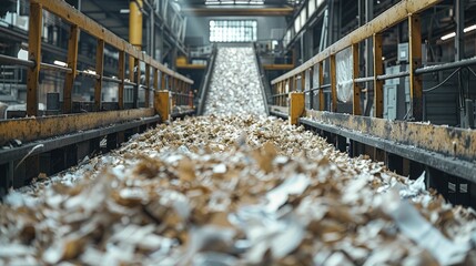 Recycled paper production involves a detailed view of the recycling process in a factory setting. - obrazy, fototapety, plakaty