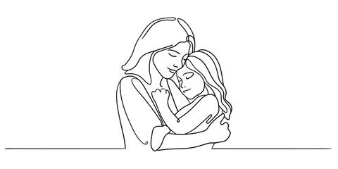 Mother hugs child continuous line art drawing isolated on white background. Vector illustration