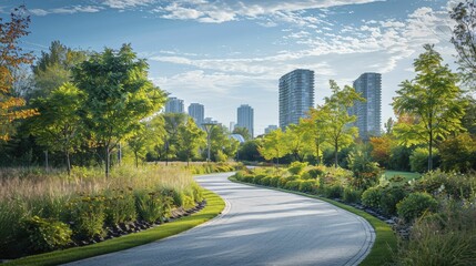 Explore the picturesque urban greenway, meandering through the city, inviting both cyclists and pedestrians to enjoy its scenic path.
