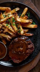 Grilled steak and fries with parsley and gravy