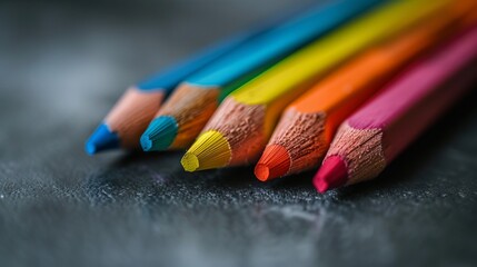 Obraz premium Vibrant spectrum of colored pencils arranged creatively on a textured gray surface - artistic supplies concept