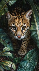 Obraz premium Ocelot peeking through lush greenery