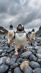 Fototapeta premium Gentoo penguin on a pebble beach with cloudy skies