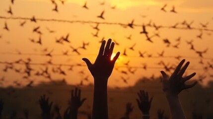 Silhouette refugee hands raising with birds flying and barbed wire on autumn sunset background, AI-generated