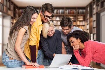 Group of smiling students study together