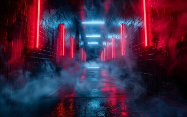 Surreal Photography of a hallway lined with 3D neon lights, dimly lit, fog 