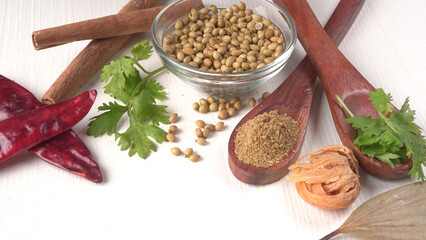 Dry coriander seeds with small bamboo spoon and green fresh bunch coriander leaves,famous spices ingredients in asia's kitchen.