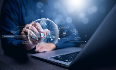 AI tech, Business person chatting with a smart AI using an artificial intelligence chatbot developed by OpenAI, Artificial Intelligence, Futuristic technology transformation, Searching for Education