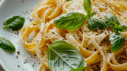 Close-up of fettuccine pasta with basil and parmesan cheese
