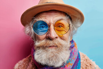 Colorful senior man with quirky multicolored glasses. Generative AI image