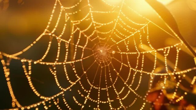 Tiny droplets of dew adorn the strands of a spiders web creating a stunning backlit display of natures art.