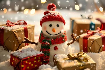 Adorable Snowman with Gifts, Spreading Christmas Cheer and Joy for the Holiday Season