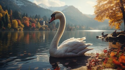 Graceful swan enhancing serene beauty on tranquil lake in a picturesque landscape - obrazy, fototapety, plakaty