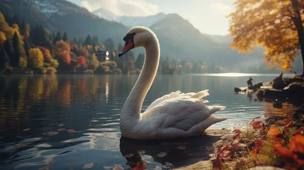 Fotobehang Graceful swan enhancing serene beauty on tranquil lake in a picturesque landscape © Aliaksandra