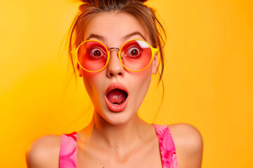Young ultra beautiful woman, Surprised and excited, opening eyes and mouth wearing bright colored sunglasses , Bright solid light color background